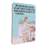 Drinks coasters with illustration of a woman in a kitchen and humorous text on a light blue background