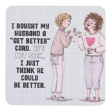 Drinks coasters of two people with text about a 'get better' card, on a light grey background.