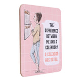 Pink drinks coasters with illustration of a woman and text on a white background