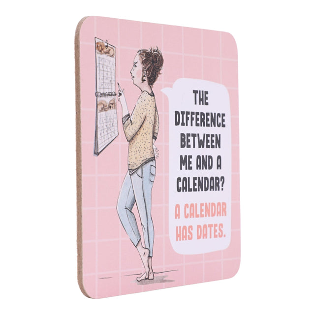 Pink drinks coasters with illustration of a woman and text on a white background