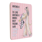 Pink drinks coasters with a dog illustration and humorous text on a white background