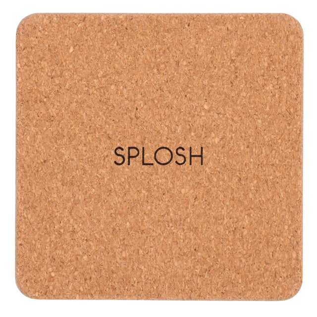 Cork drinks coasters with 'SPLOSH' text on a white background