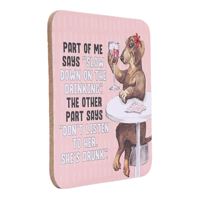 drinks coasters with a dog illustration and humorous text on a pink background
