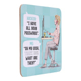 drinks coasters with a humorous design of a hacker and text on a light blue background