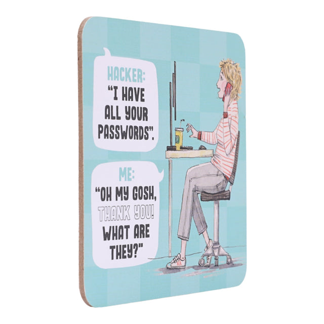 drinks coasters with a humorous design of a hacker and text on a light blue background