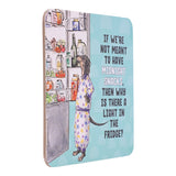 Drinks coasters with a dog illustration and humorous text about midnight snacks in a refrigerator.
