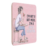 Pink drinks coasters with a graphic of a woman and text on a white background
