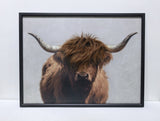 Gleneagles Highland cow 3D canvas wall art featuring textured cow portrait with horns in framed countryside artwork