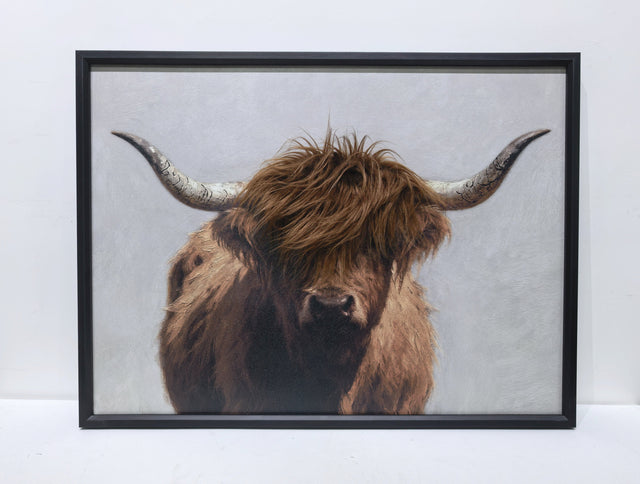 Gleneagles Highland cow 3D canvas wall art featuring textured cow portrait with horns in framed countryside artwork