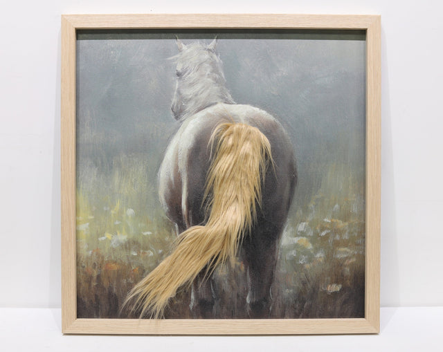 Gleneagles horse 3D canvas wall art featuring a horse with textured tail in framed countryside artwork