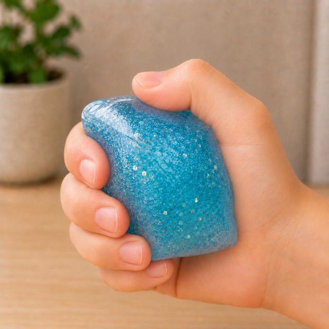 Glitter diamond cube squishy fidget toy being squeezed in hand for stress relief, anxiety reduction and sensory play