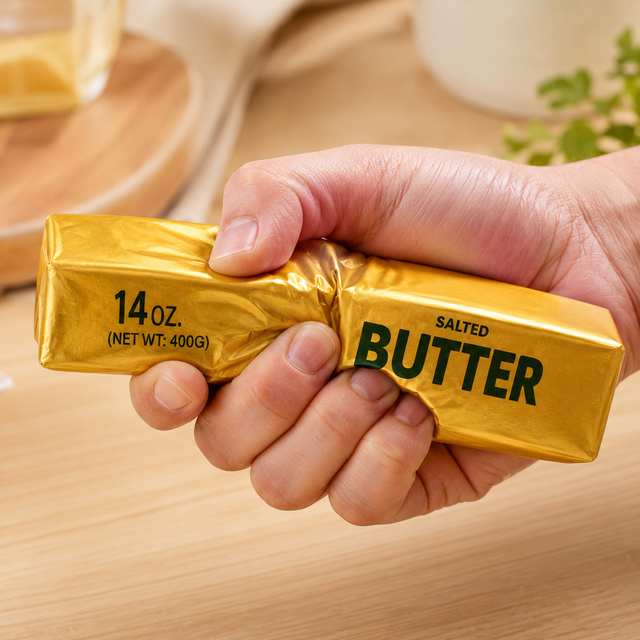 Gold butter slow-rise squishy toy shaped like a realistic butter block