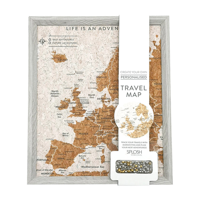 Europe travel map cork board with metallic push pins included