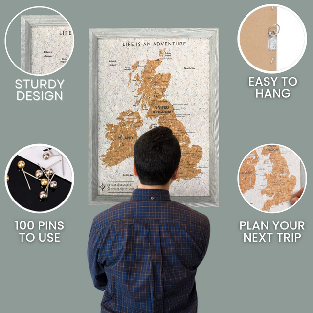 UK and Ireland travel map cork board features