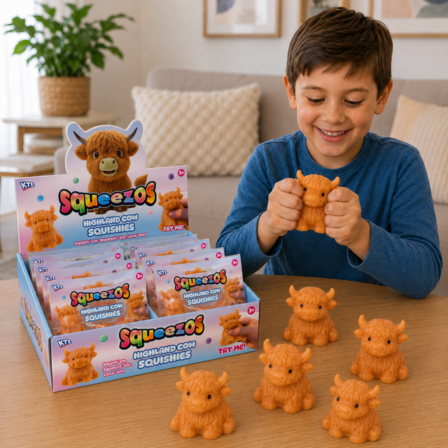 Highland cow sensory squishy toy with colourful retail packaging for fidgeting and tactile play