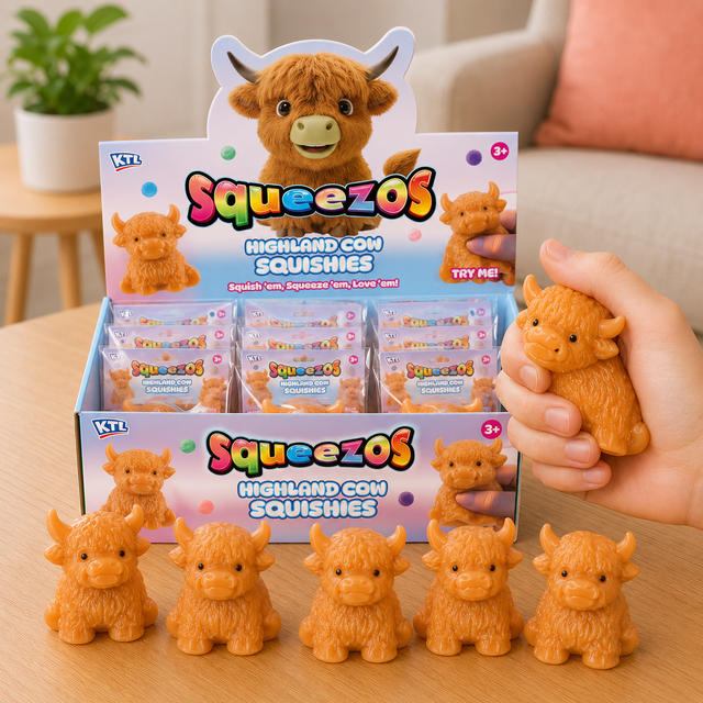 Highland cow squishy fidget toy for stress relief, sensory play and improved focus
