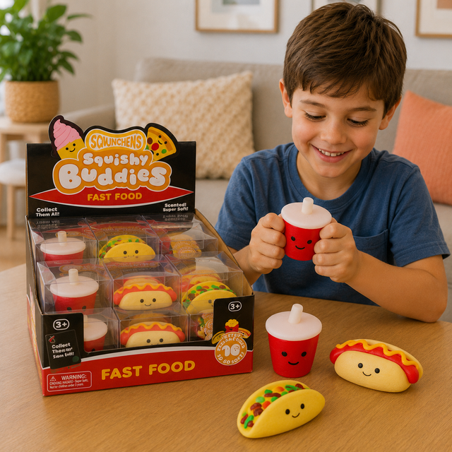 Soft fast food squishy toy featuring hot dog, taco and soda cup designs for sensory play, fidgeting and stress relief
