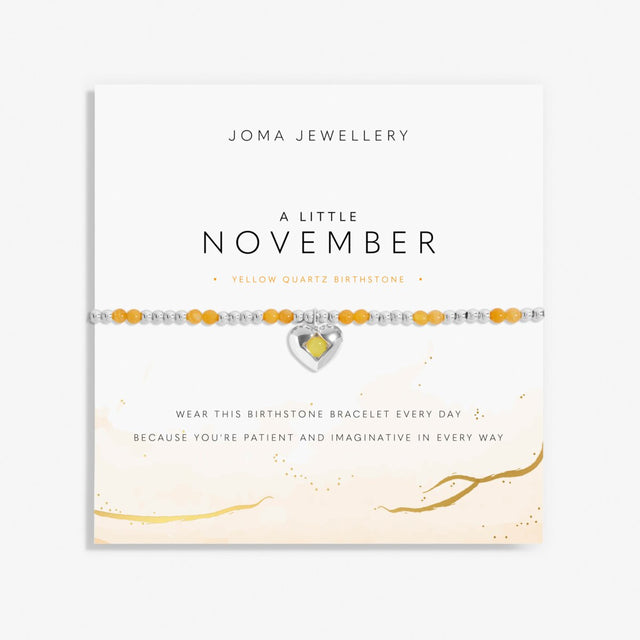 Joma Jewellery A Little November yellow quartz birthstone bracelet on sentiment card