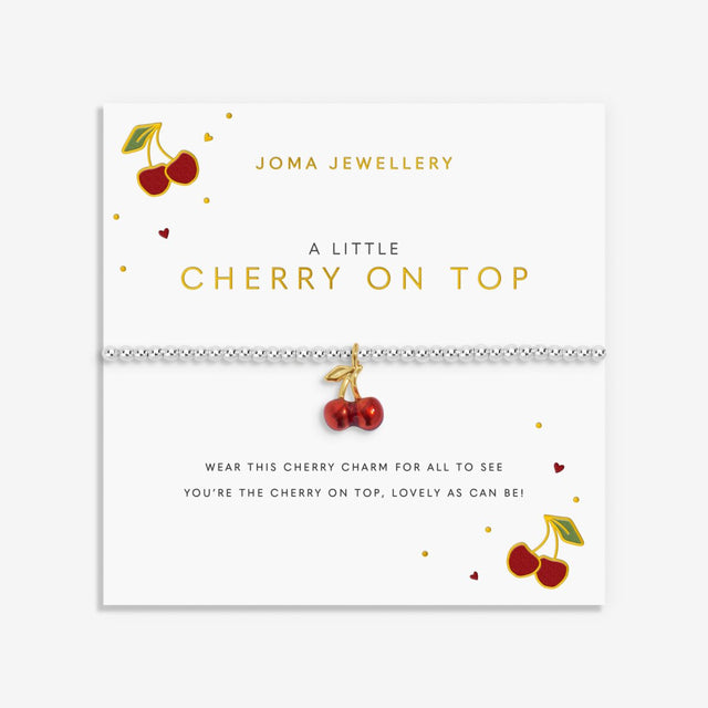 Joma Jewellery A Little Vibes Cherry On Top silver-plated bracelet presented on a colourful illustrated sentiment card