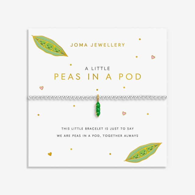 Joma Jewellery A Little Vibes Peas In A Pod silver-plated bracelet presented on a colourful illustrated sentiment card