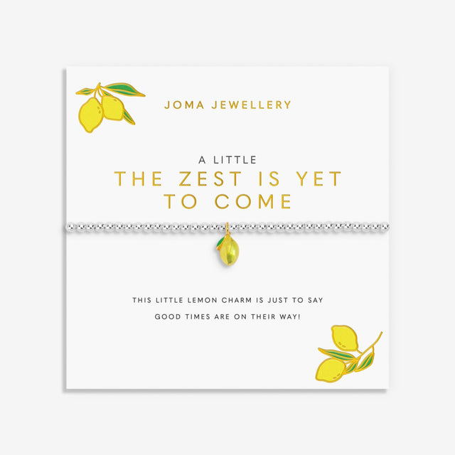 Joma Jewellery A Little Vibes The Zest Is Yet To Come silver-plated bracelet presented on a colourful illustrated sentiment card