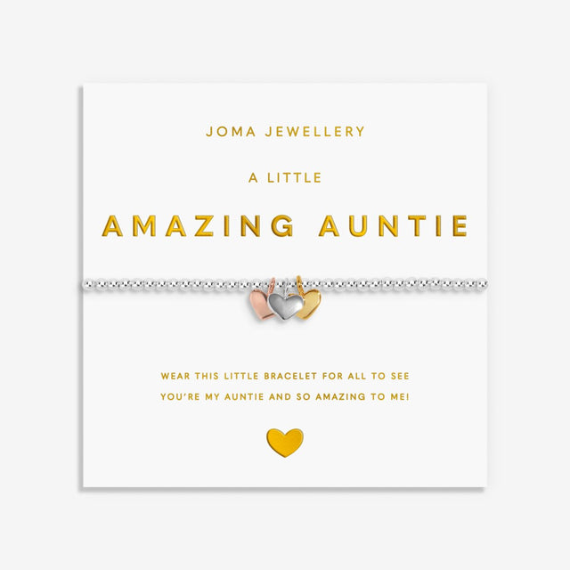 Joma Jewellery A Little Amazing Auntie bracelet with mixed metal heart charms on gold foil card