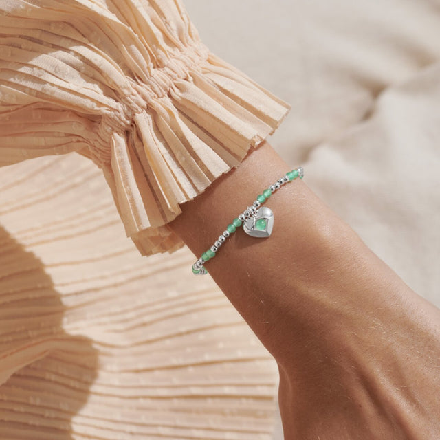 Joma Jewellery August aventurine birthstone bracelet worn on wrist