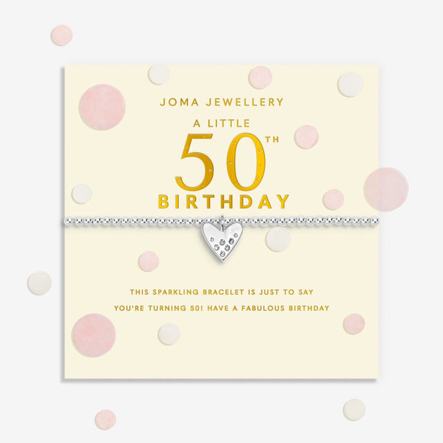 Joma Jewellery Confetti A Little 50th Birthday silver-plated bracelet presented on a sentiment-stamped birthday card