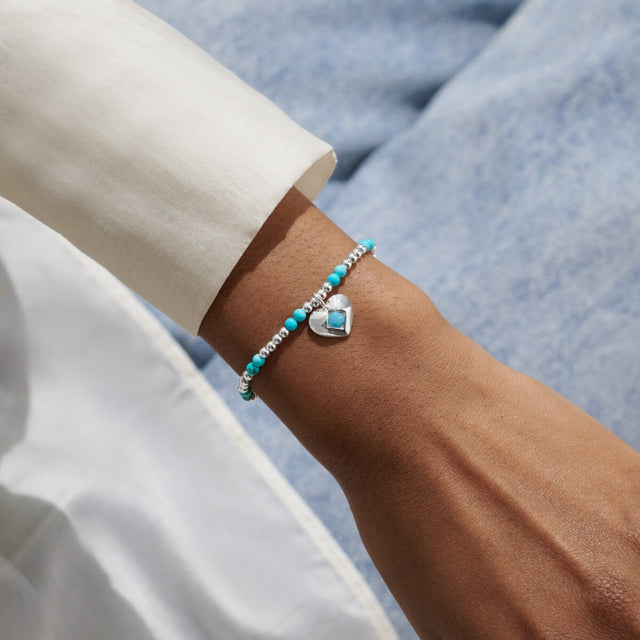 Joma Jewellery December turquoise birthstone bracelet worn on wrist