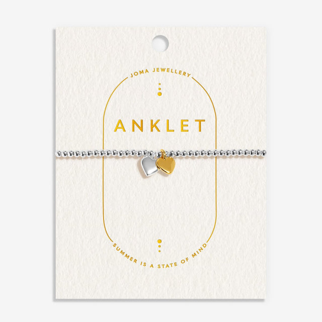Joma Jewellery double heart silver anklet on gold-foiled buttercream presentation card