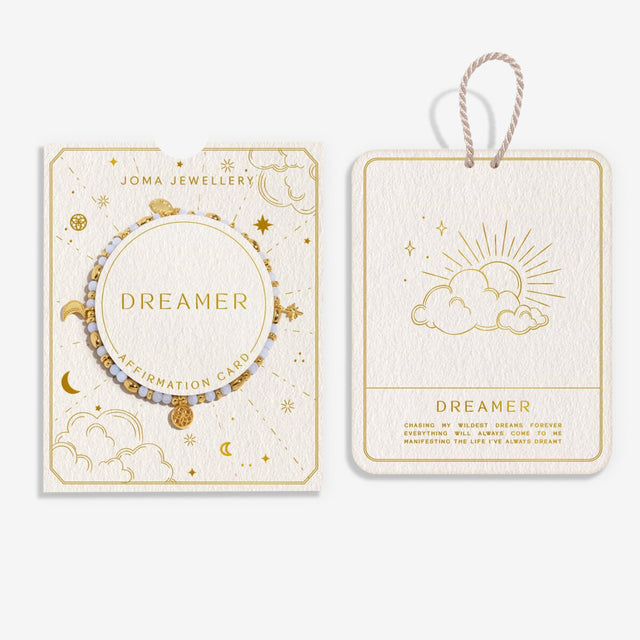 Joma Jewellery Dreamer affirmation card bracelet with gift packaging and affirmation card
