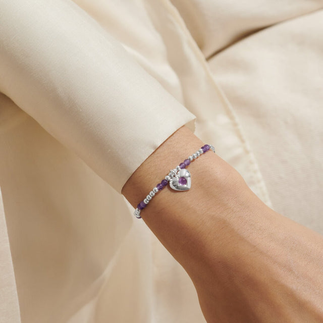 Joma Jewellery February amethyst birthstone bracelet worn on wrist