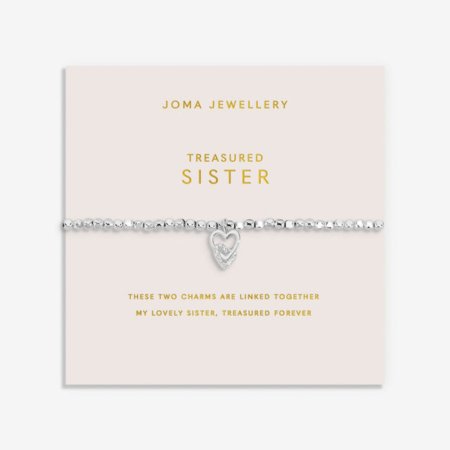 Joma Jewellery Forever Yours Treasured Sister silver plated bracelet on blush sentiment card
