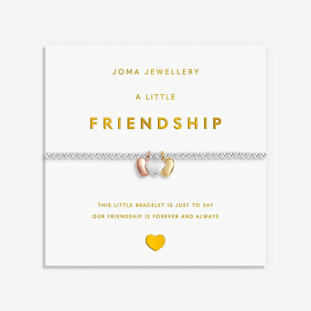 Joma Jewellery Friendship bracelet with trio heart charms on gold foil sentiment card