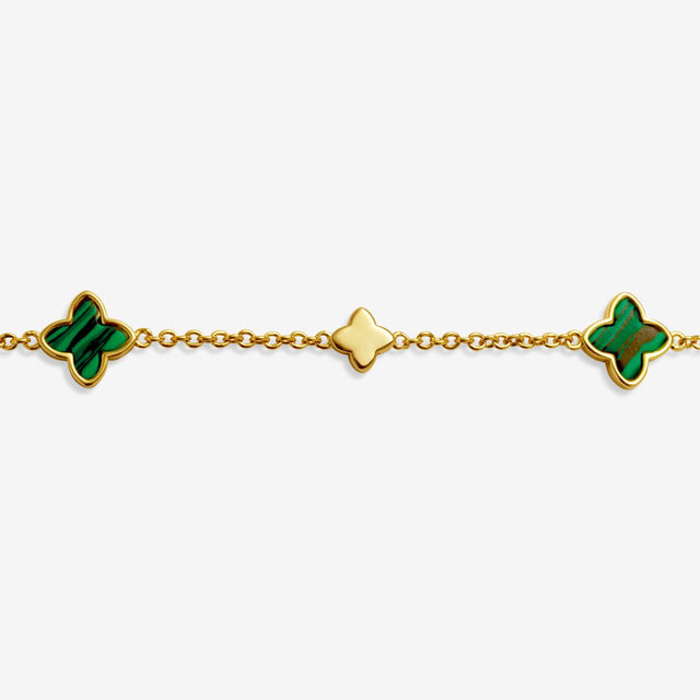 Green clover charm detail on gold clover bracelet