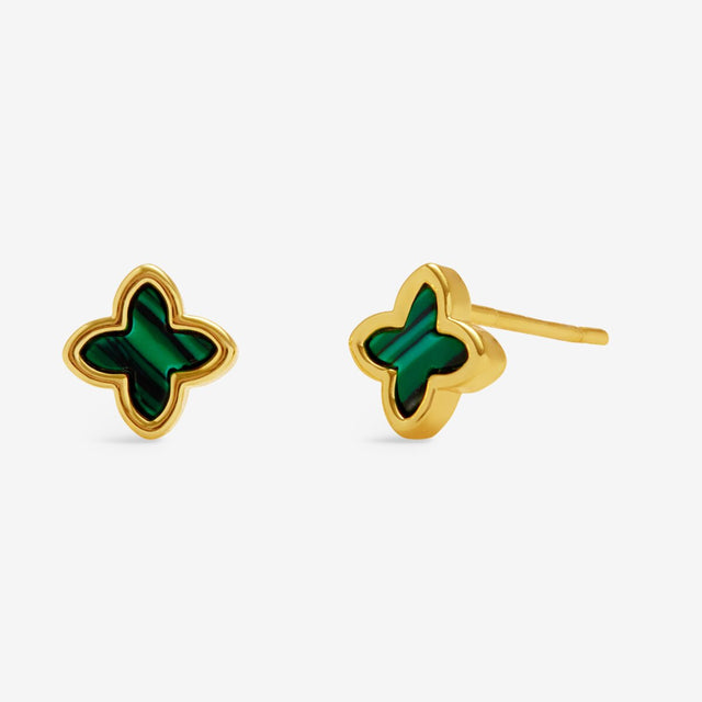 Pair of gold clover earrings with green clover design