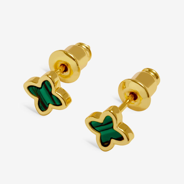 Gold clover earrings with green enamel stud detail