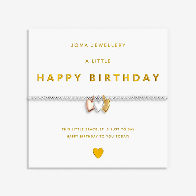 Joma Jewellery A Little Happy Birthday bracelet with mixed metal heart charms on gold foil card