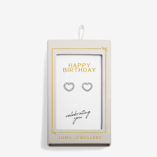 Happy Birthday silver heart earrings in matchbox gift packaging