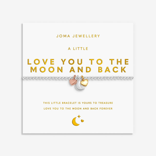 Joma Jewellery A Little Love You To The Moon And Back bracelet with moon and heart charms on gold foil card