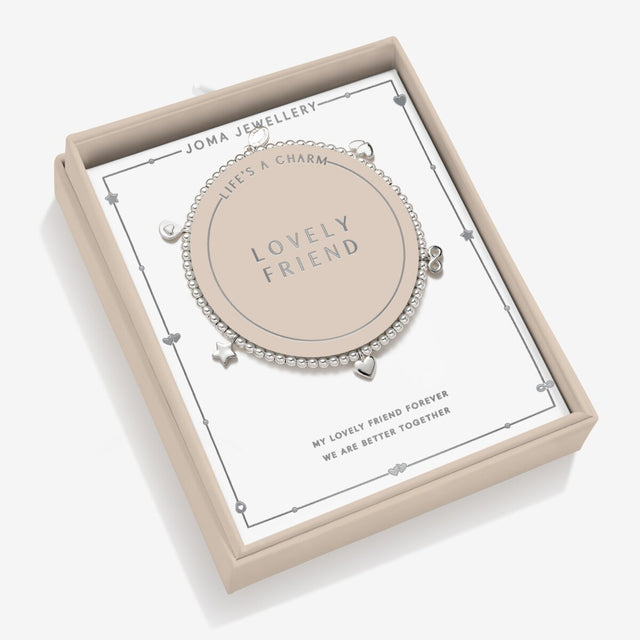 Joma Jewellery Life’s A Charm Lovely Friend silver bracelet in buttercream and blush gift box