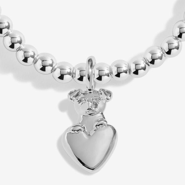 Close-up of silver heart charm on Joma Jewellery Paw-Fect Dog Mum bracelet