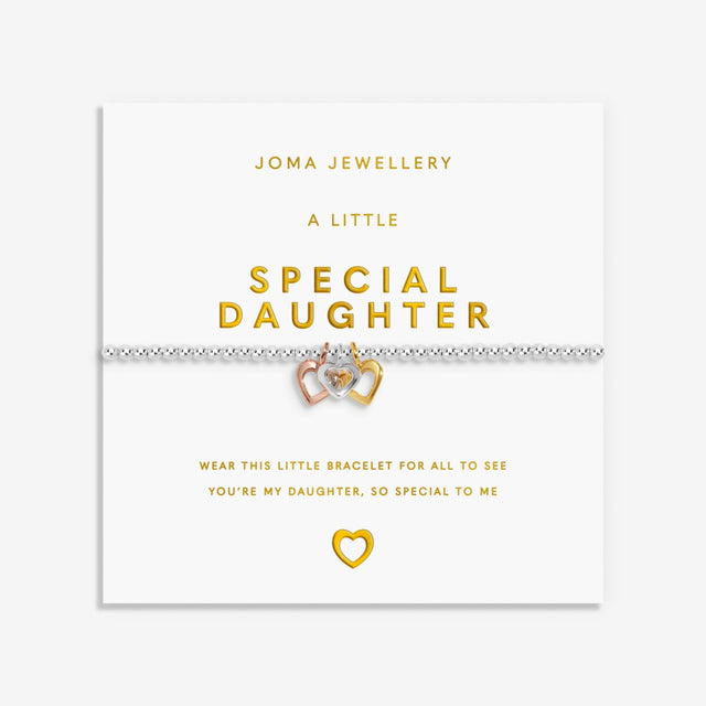 Joma Jewellery A Little Special Daughter bracelet with mixed metal heart charms on gold foil card