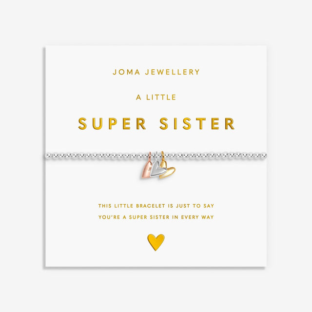 Joma Jewellery A Little Super Sister bracelet with mixed metal heart charms on gold foil card