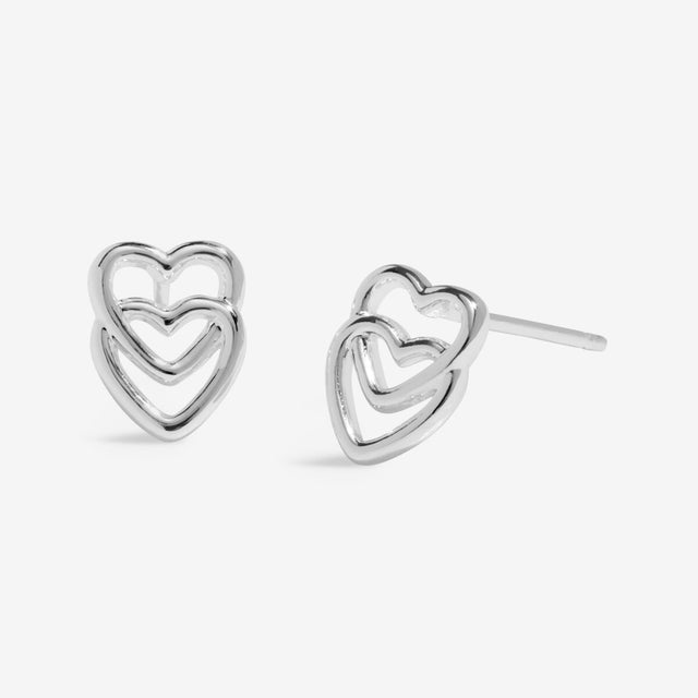 Silver plated heart stud earrings sister jewellery front view