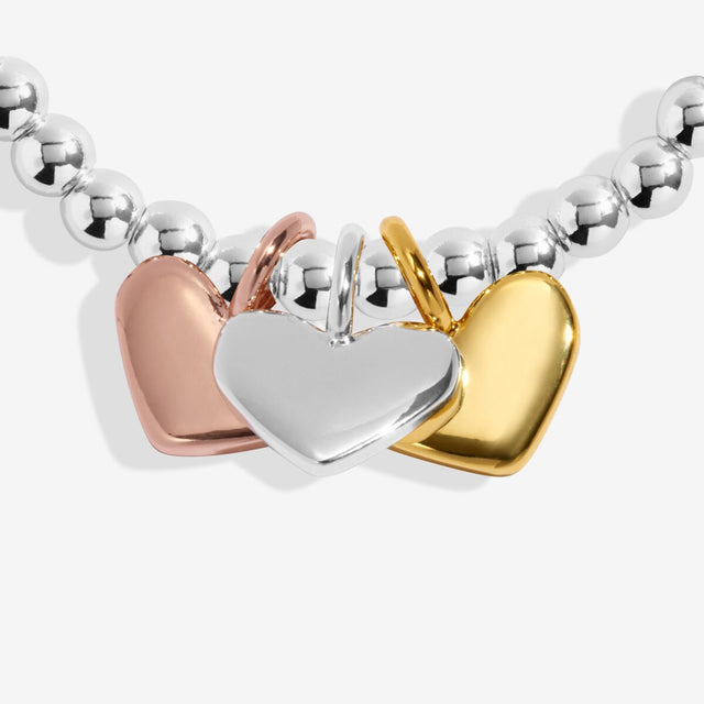 Trio heart charms in silver, gold and rose gold plating