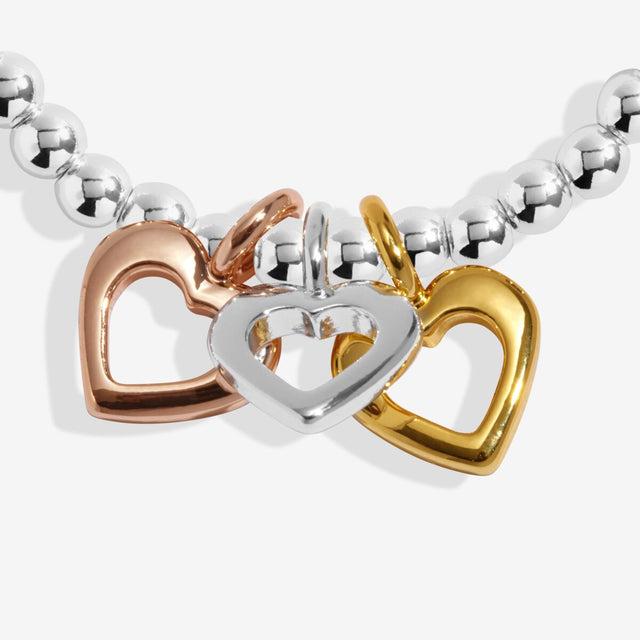 Trio heart charms in silver, gold and rose gold plating