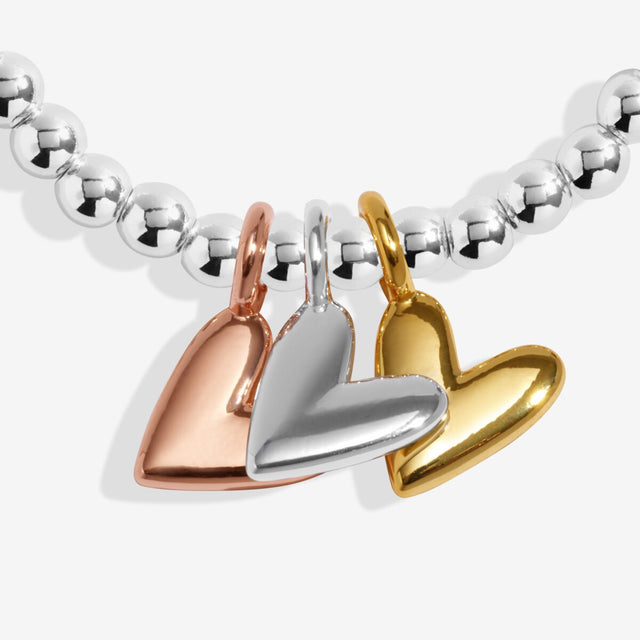 Trio heart charms in silver, gold and rose gold plating