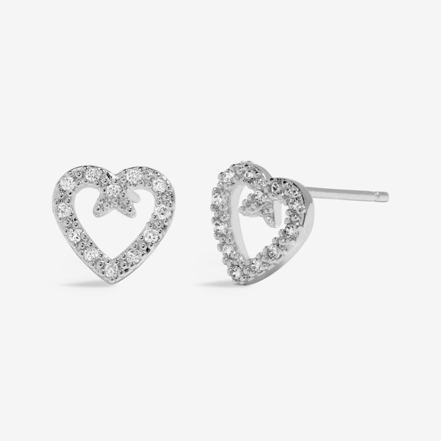 Silver heart stud earrings front view
