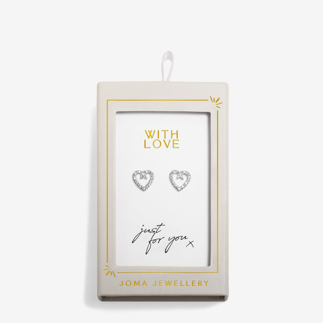 With Love silver heart earrings in matchbox gift packaging
